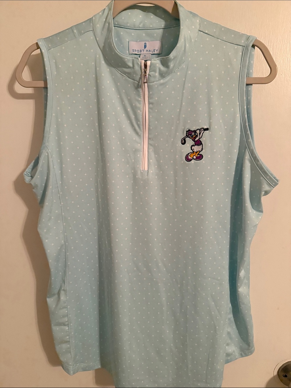 Sport Haley Light Blue Sleeveless Zip Polo with Embroidered Golfer